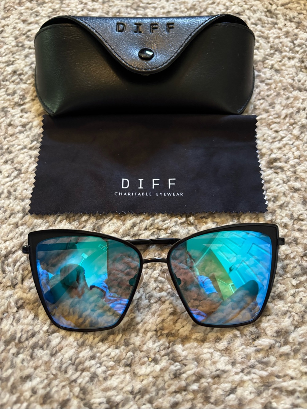 DIFF Eyewear “Becky” Black Frame Sunglasses with Blue Mirrored Lenses